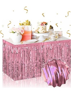 Ett Kendinden Yapışkanlı Rose Gold Metalize Püsküllü Masa Eteği – 75 x 275 cm Parti Süslemesi
