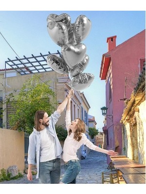 Ett Metalize Parlak Gümüş Kalp Şekilli Uçan Balon Folyo 18 Inç 45 cm 10 Adet