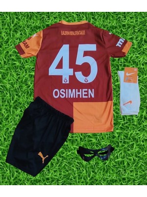 Moda 4'lü Set Galatâsarây Sarı Kırmızı Parçalı 45 Numara Victor Osimhen Çocuk Forma Şort Çorap Maske