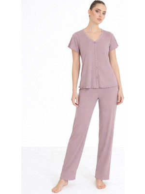 Royam Seamlife Kadın %100 Pamuk Kalp Desenli Önü Düğmeli Kısa Kollu Pijama Takımı
