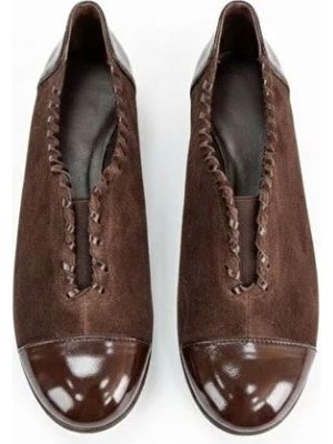 Ne&Ve Shoes Kahve Süet Rugan Garnili Biye ve Lastik Detaylı Kadın Feta Tabanlı Ortopedik Ayakkabı
