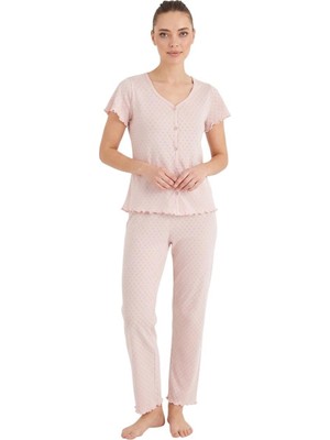 Royam Seamlife Kadın %100 Pamuk Kalp Desenli Önü Düğmeli Kısa Kollu Pijama Takımı