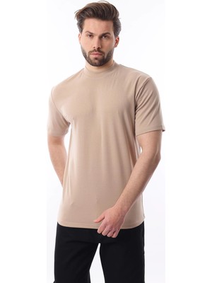 Madmext Bej Bisiklet Yaka Basic Erkek T-Shirt E7113