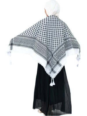 Flora Tekstil 130 X 130 Siyah Kareli Çizgili Filistin Kefiye Eşarp Püsküllü Filistin Puşesi