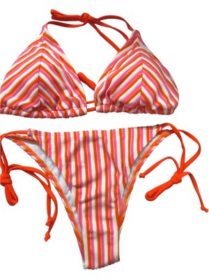 AGM Triko Örme Çok Renkli Üçgen Bikini Takım , Turuncu Pembe Üçgen Bikini Takım