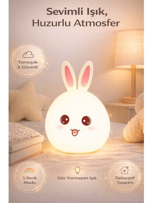 FaroxTech Sevimli Tavşan Figürlü Silikon Gece Lambası - 5 Renkli Dokunmatik Çocuk Odası Lambası