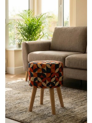 Mefaks Tekstil Yuvarlak Dijital Baskılı Ahşap Ayaklı Puf Tabure – Salon & Oturma Odası Dekoratif Puf