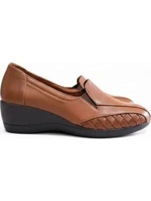 Ne&Ve Shoes Taba Deri Örgü Detaylı Iki Yandan Lastikli Kadın Feta Tabanlı Ortopedik Ayakkabı