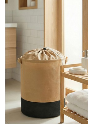 Luxway Home Bej Siyah Garnili Ağzı Büzgülü Katlanır Kirli Çamaşır Dolap Içi Oyuncak Saklama Sepeti 32X40