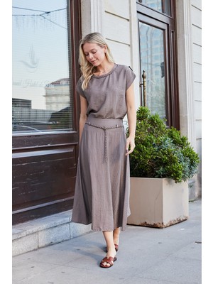 Jument Kadın Yüksek Bel Korsajlı Örgü Kemerli Midi Boy Kiloş Etek-Duman