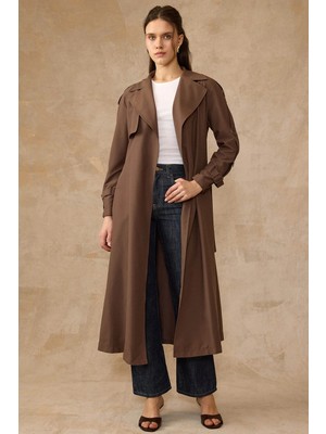 Olcay Kolları Metal Aksesuarlı Astarsız Soft Kumaş İnce Trençkot KAHVE 6842