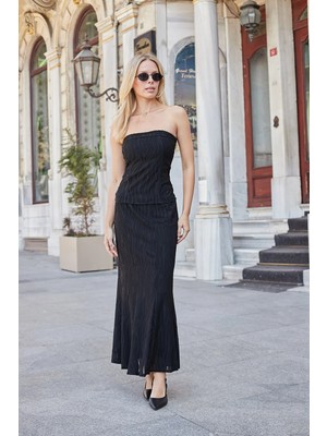 Jument Kadın Likralı Esnek Kumaş Astarlı Desenli Tül Yüksek Bel Balık Etek-Siyah