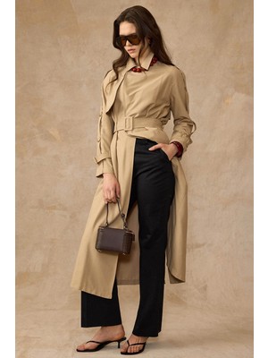 Olcay Kolları Metal Aksesuarlı Astarsız Soft Kumaş İnce Trençkot BEJ 6842