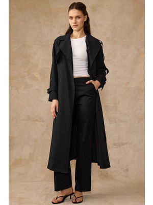 Olcay Kolları Metal Aksesuarlı Astarsız Soft Kumaş İnce Trençkot SİYAH 6842