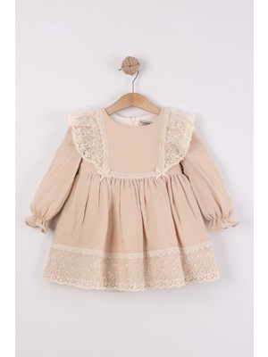 Joy Kids Kız Bebek %100 Pamuk Müslin Elbise (9-18AY) (Krem)