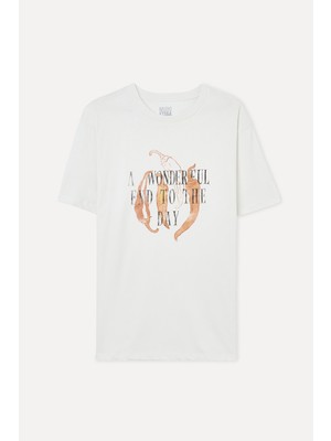 Mudo Erkek Kırık Beyaz Baskılı Loose Fit Bisiklet Yaka T-Shirt