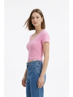 Rays Pembe V Yaka Dantelli Bluz 2304