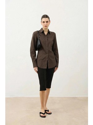 Antioch Kahve Vatkalı Poplin Kadın Gömlek
