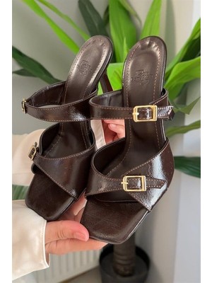 Les Passent Kadın Meli Kahverengi Iki Tokalı 9 cm Topuklu Terlik