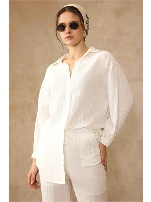 Olcay Düşük Kol Müslin Salaş Gömlek BEYAZ 9329