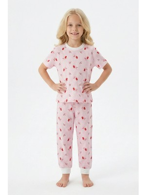 Bunny Hopp Kiraz Desenli Çizgili Kısa Kollu Kız Çocuk Pijama Takımı - %100 Pamuklu Pembe Uyku Seti