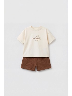 Magu Unisex Bebek Pamuklu Ekru Logo Baskılı Tişört Şort Takım