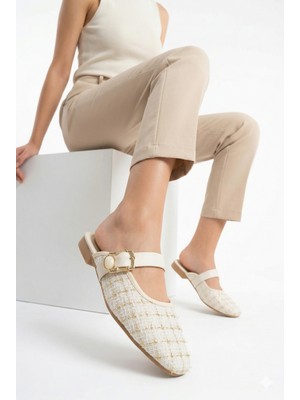 Slipcat Gold Tokalı Tweed Dokuma Detaylı Deri Bantlı Premium Kadın Ev ve Dış Terliği