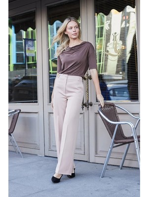 Jument Yüksek Bel Yan Cepli Bol Paça Hafif Esnek Dokuma Kumaş Palazzo Pantolon-Bej