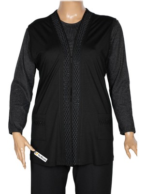 Hermevsim Hesna Kadın Burcu Büyük Beden Yakası ve Cebi Nakışlı Siyah Yelek