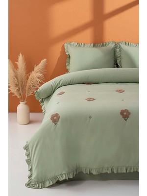 Florita Yeşil Çift Kişilik Nakışlı %100 Pamuklu Nevresim Takımı – 4 Parça