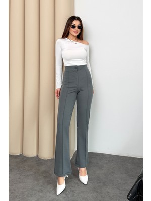 COMEOR Kadın Yüksek Bel Düğmeli Fermuarlı Likralı Füme Düz Rahat Nervürlü Palazzo Pantolon