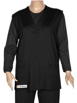 Hermevsim Hesna Kadın Uğur Büyük Beden Cepli Tam Düğmeli Siyah Yelek