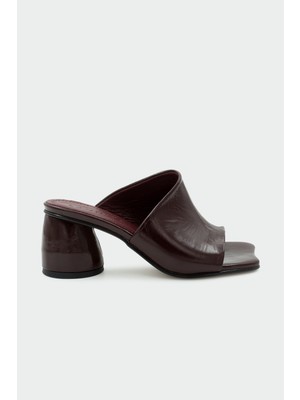 Laminta Pinok Asimetrik Kesim Bordo  Hakiki Deri Kadın Topuklu Terlik