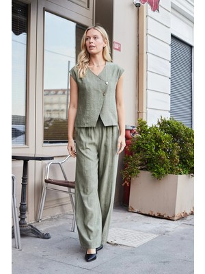 Jument Kadın Keten Görünümlü Likrasız Yüksek Bel Beli Lastikli Yan Cepli Bol Paça Palazzo Pantolon-Haki