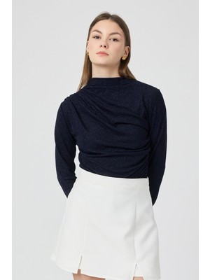 Segnante Kadın Büzgü Detaylı Uzun Kol Sandy Simli Lacivert Bluz