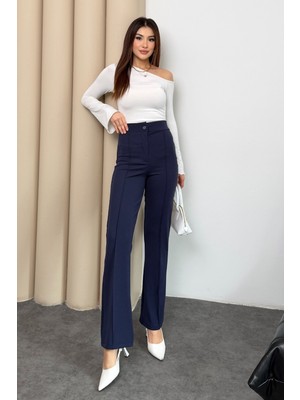 COMEOR Kadın Yüksek Bel Düğmeli Fermuarlı Likralı Lacivert Düz Rahat Nervürlü Palazzo Pantolon