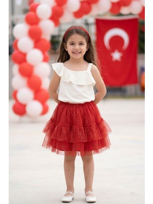 Lupinn 23 Nisan Kız Çocuk Kombini Kırmızı Tütü Etek Ekru Fırfırlı Bluz Bayram Gösteri Özel Gün Takım