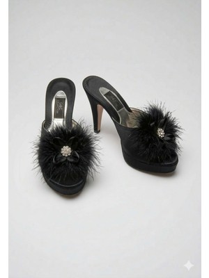 G&C Kadın Çeyizlik Tüylü Tokalı Platform Gelin Ev Terliği 145