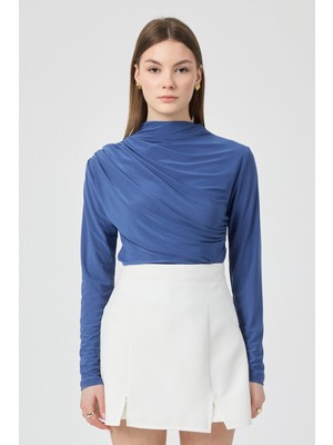 Segnante Kadın Büzgü Detaylı Uzun Kol Sandy Mavi Bluz