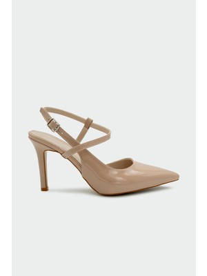 Laminta Rouge Asimetrik Kesim Nude Rugan Kadın Topuklu Ayakkabı