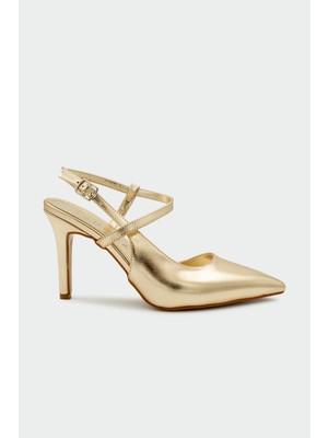 Laminta Rouge Asimetrik Kesim Gold Kadın Topuklu Ayakkabı