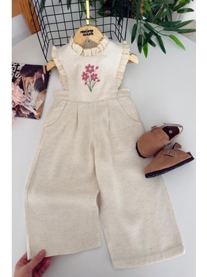 Miniğimin Cicileri Askılı Papatya Nakışlı Kız Çocuk Tulum - Krem