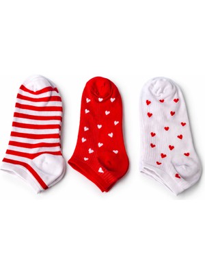 Ecrou Kalp & Çizgi Desenli 3lü Çorap
