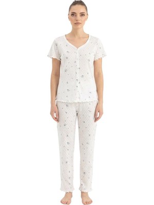 Royam Seamlife Kadın %100 Pamuk Kalp Desenli Önü Düğmeli Kısa Kollu Pijama Takımı 18121787