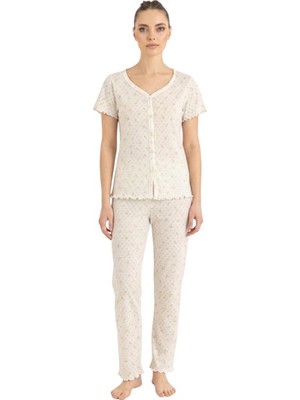 Royam Seamlife Kadın %100 Pamuk Kalp Desenli Önü Düğmeli Kısa Kollu Pijama Takımı 18121787