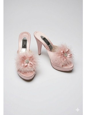 G&C Kadın Çeyizlik Tüylü Tokalı Platform Gelin Ev Terliği 145