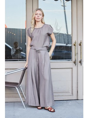 Jument Kadın Likrasız Keten Görünümlü Yüksek Bel Yan Cepli Beli Bağcıklı Bol Paça Pantolon-Duman