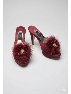 G&C Kadın Çeyizlik Tüylü Tokalı Platform Gelin Ev Terliği 145