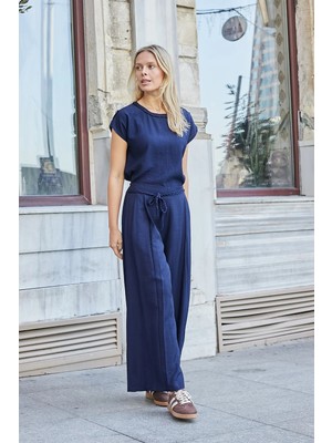 Jument Kadın Likrasız Keten Görünümlü Yüksek Bel Yan Cepli Beli Bağcıklı Bol Paça Pantolon-Lacivert