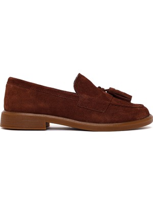 Derimod Kadın Kahverengi Püsküllü Süet Deri Loafer 26PFD510810